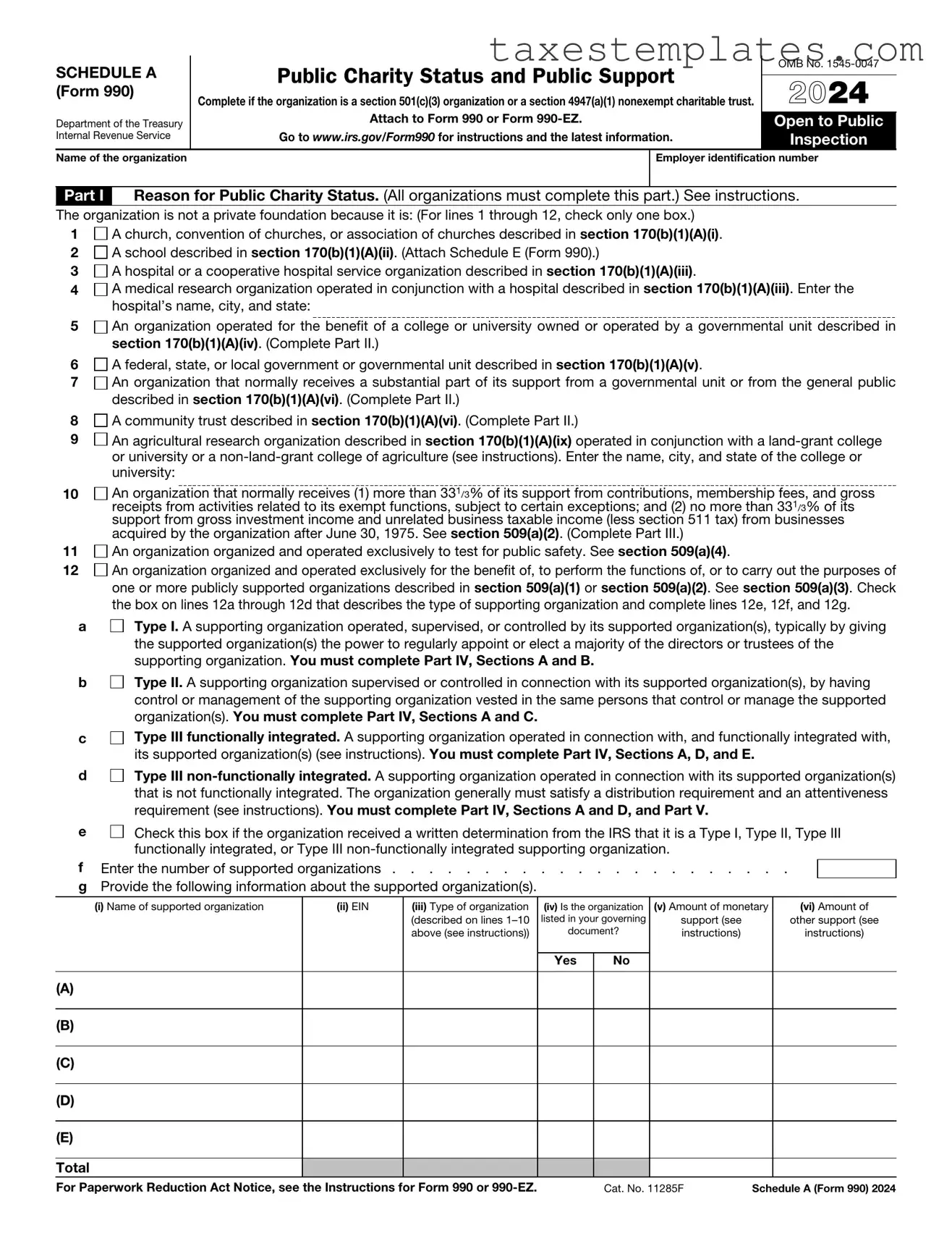 Free IRS Schedule A 990 or 990-EZ Template in PDF