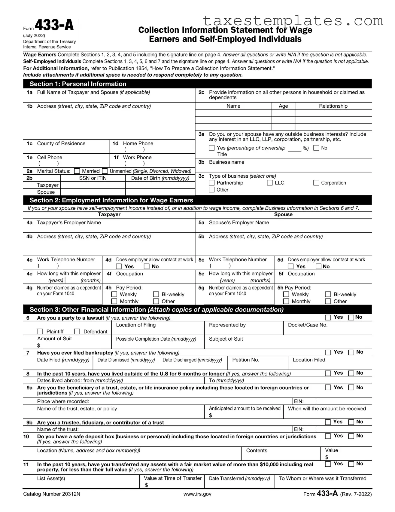 Free IRS 433-A Template in PDF