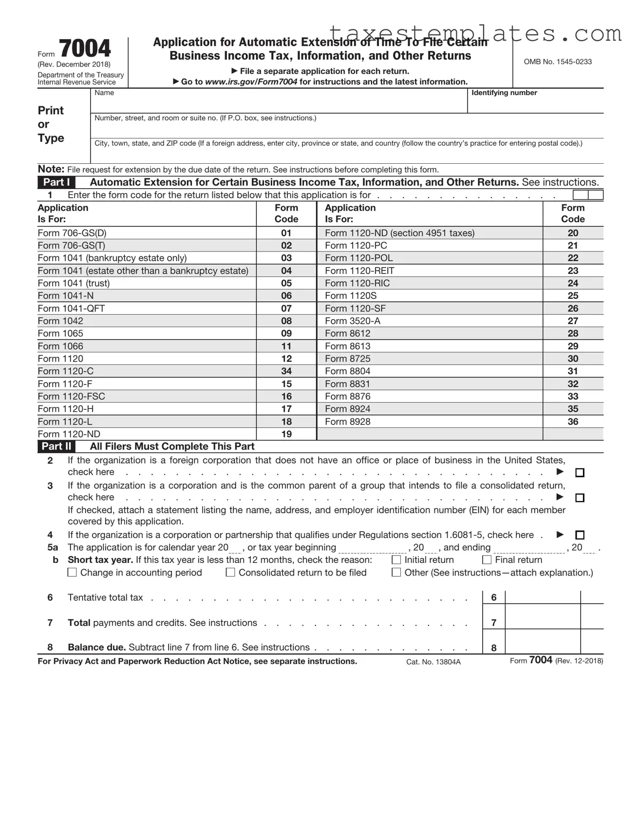 Free IRS 7004 Template in PDF