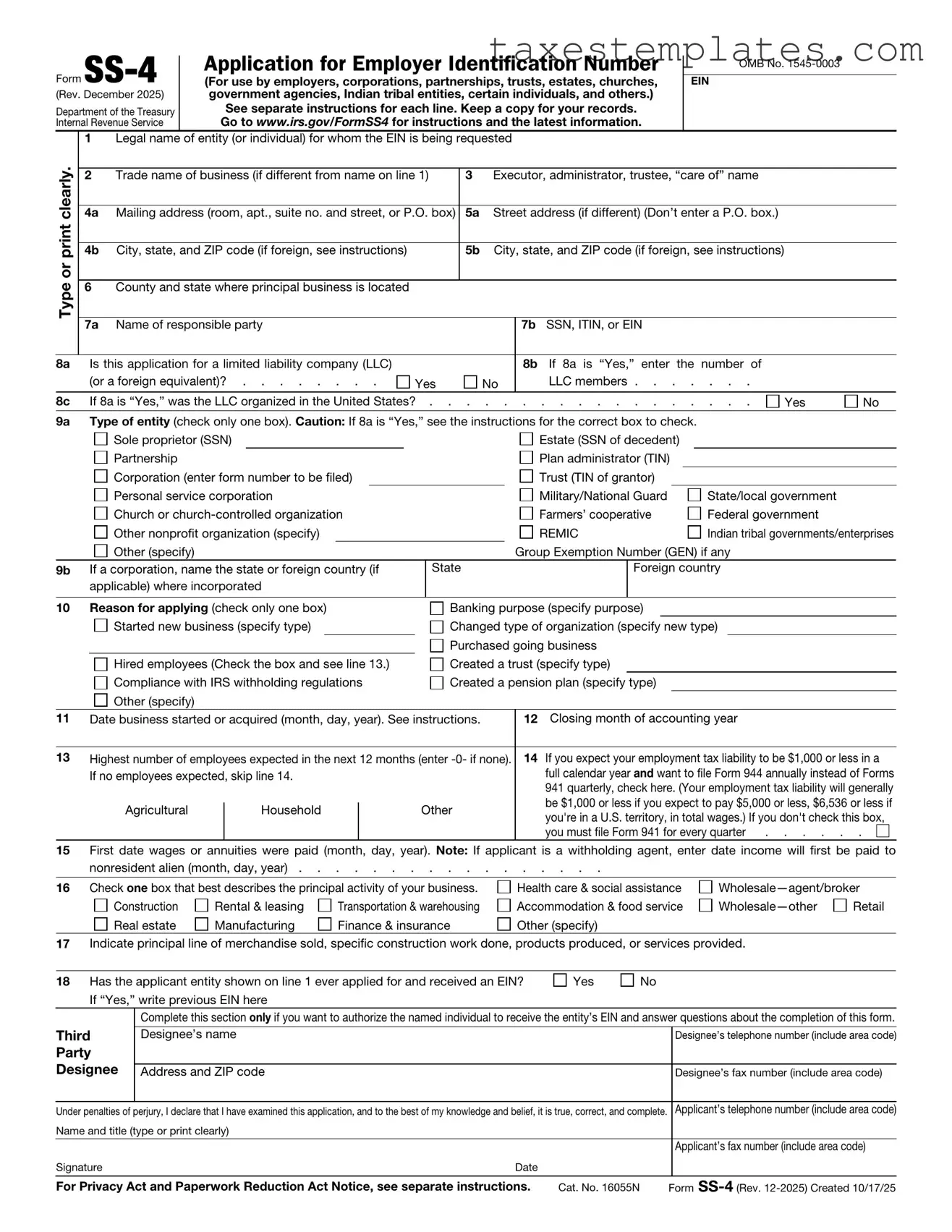 Free IRS SS-4 Template in PDF