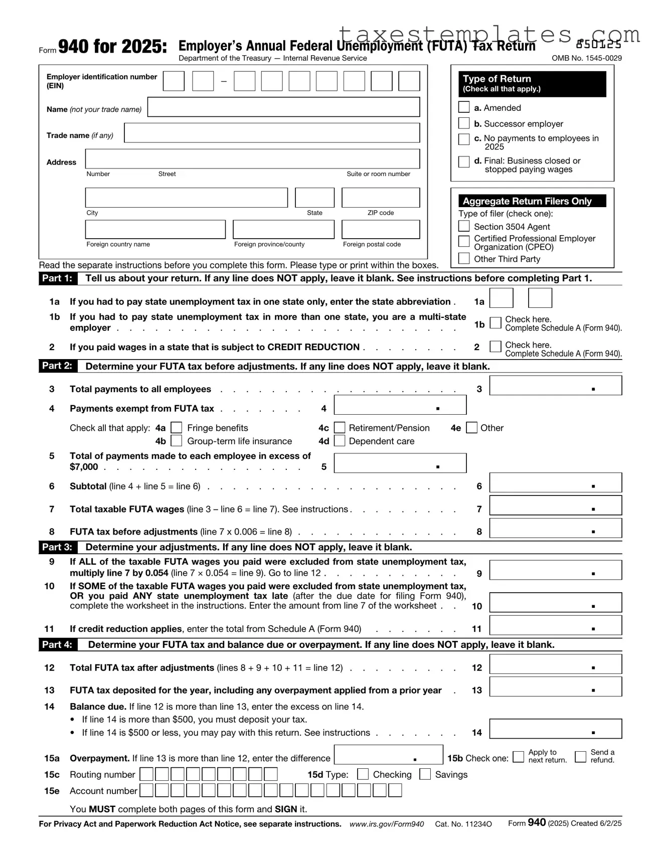 Free IRS 940 Template in PDF