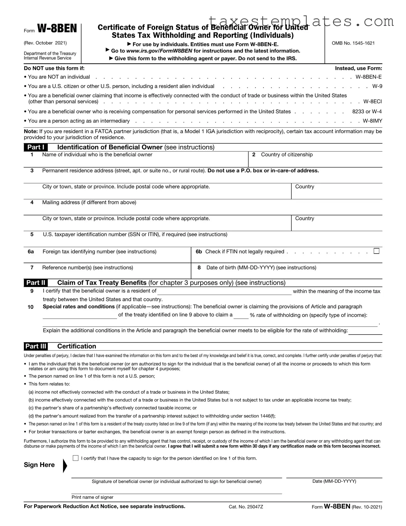 Free IRS W-8BEN Template in PDF
