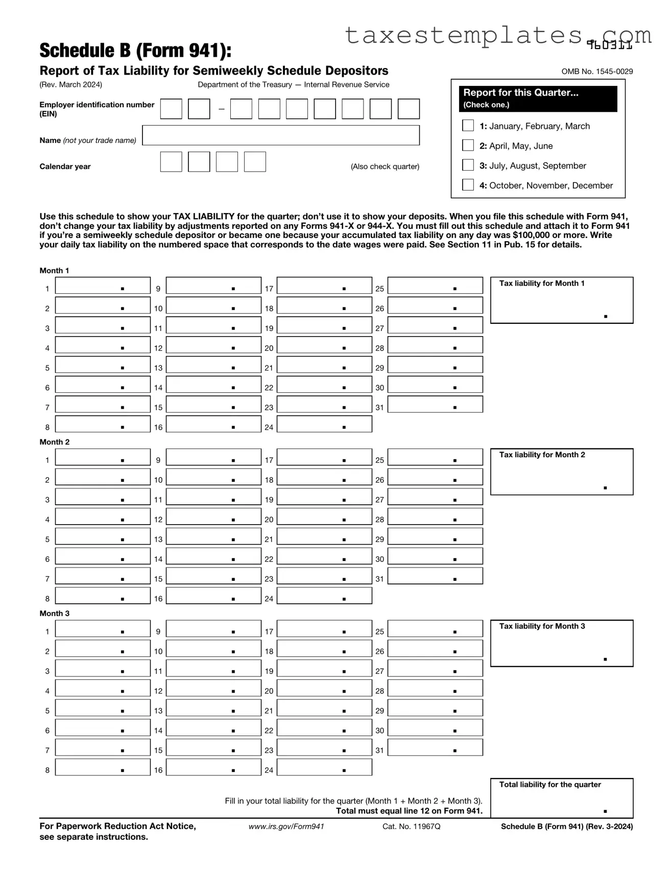 Free IRS Schedule B 941 Template in PDF