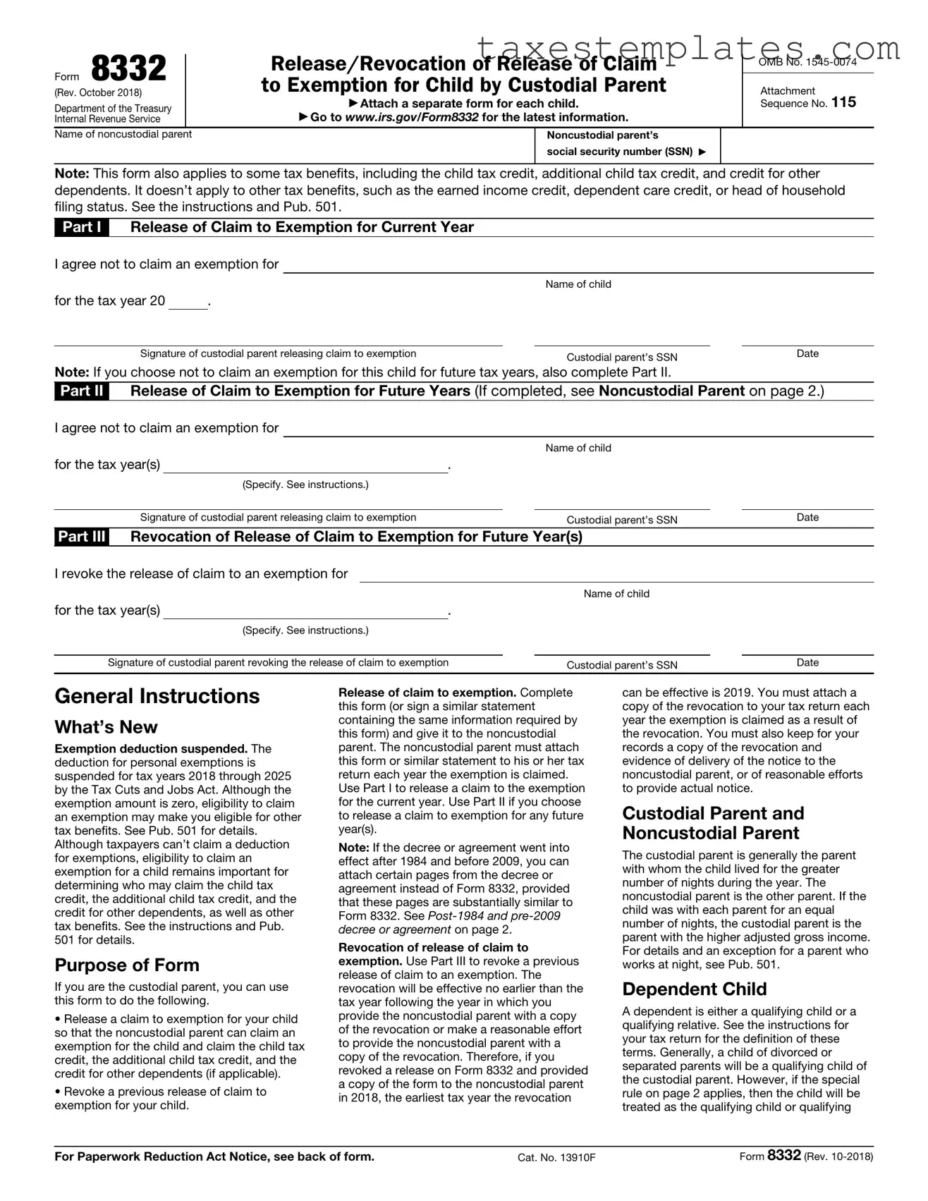 Free IRS 8332 Template in PDF