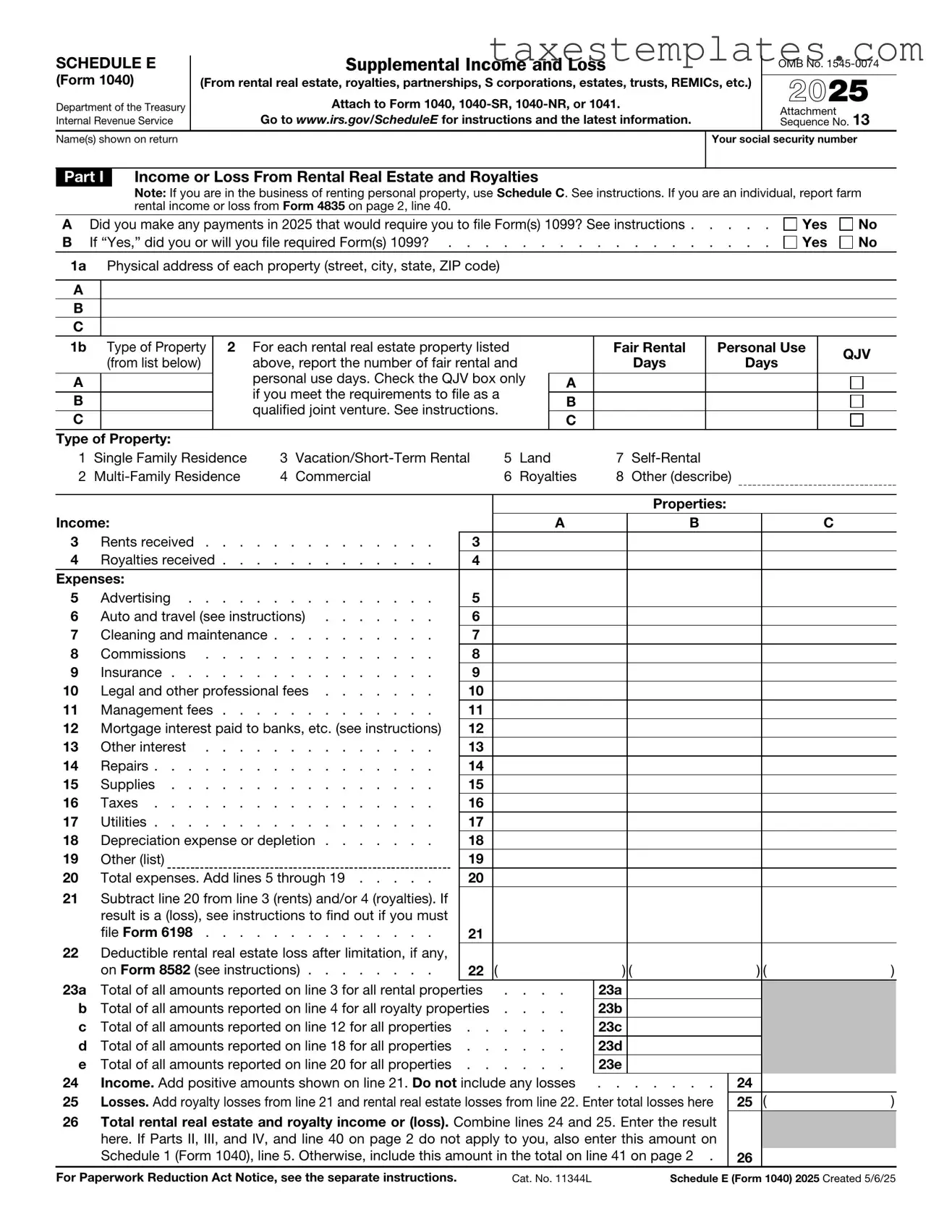 Free IRS Schedule E 1040 Template in PDF