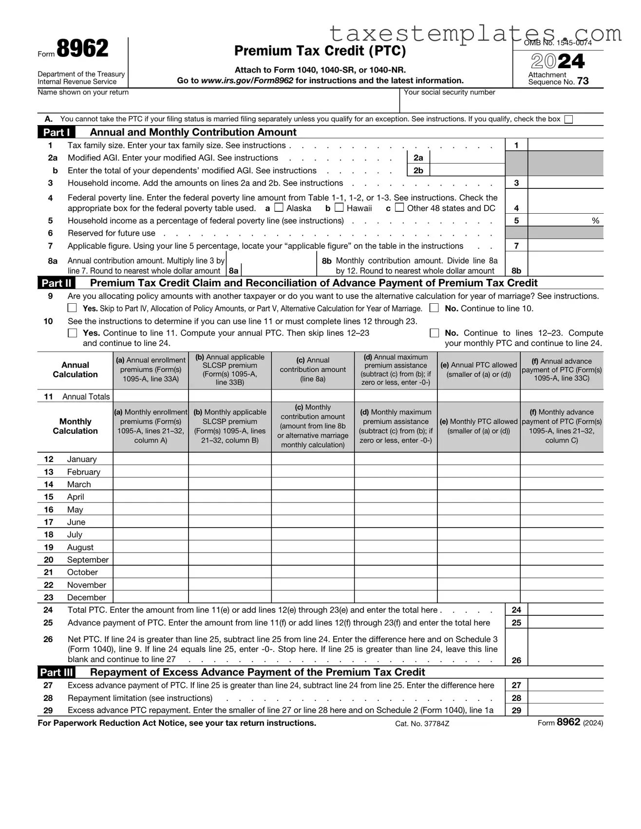 Free IRS 8962 Template in PDF