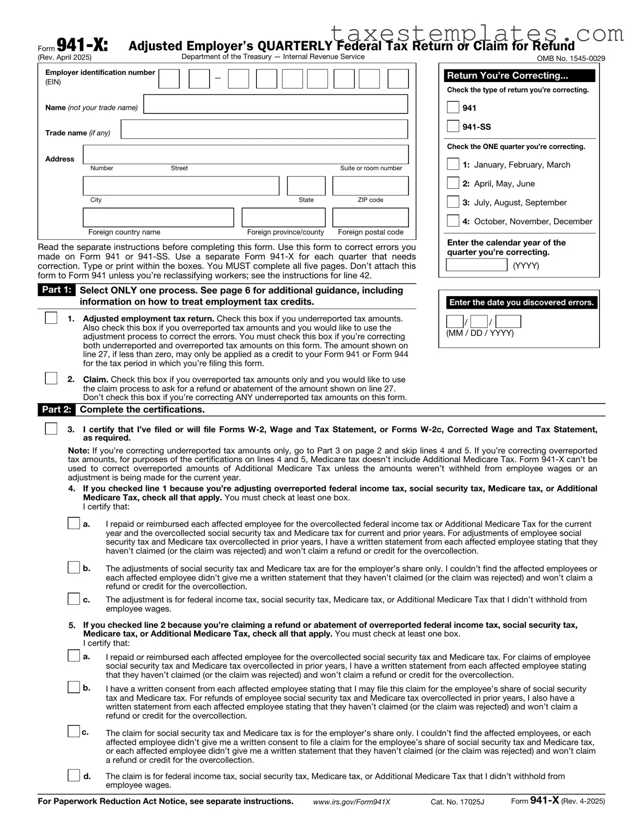 Free IRS 941-X Template in PDF