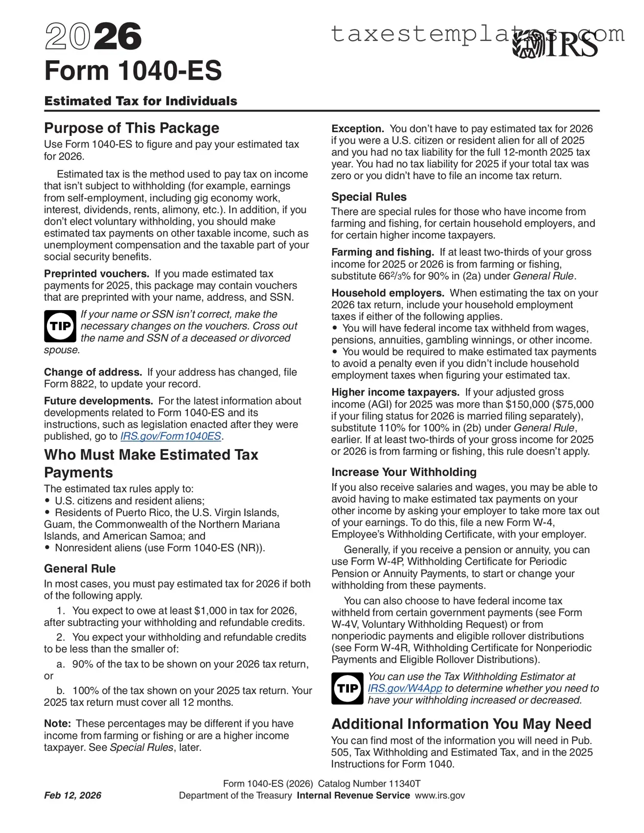 Free IRS 1040-ES Template in PDF